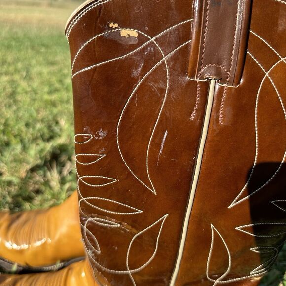 Rare Nocona Justin Patent Leather Cowboy Boots Mens 9.5 D Glossy Brown Tan‎ main image 5